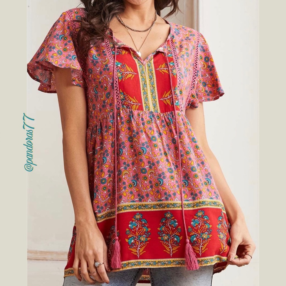 SUZANNE BETRO—WEEKEND PINK & BURGUNDY FLORAL FLUTTER-SLEEVE, EMPIRE WAIST TUNIC.